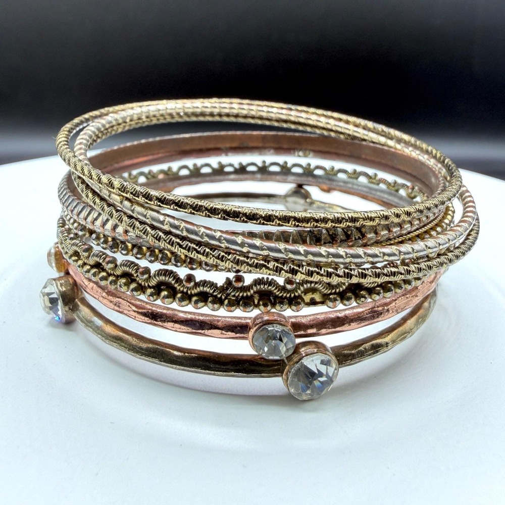 Mix Metal Bangle Bracelet Set Rose Gold & Silver Tone Rhinestone Stackable Boho